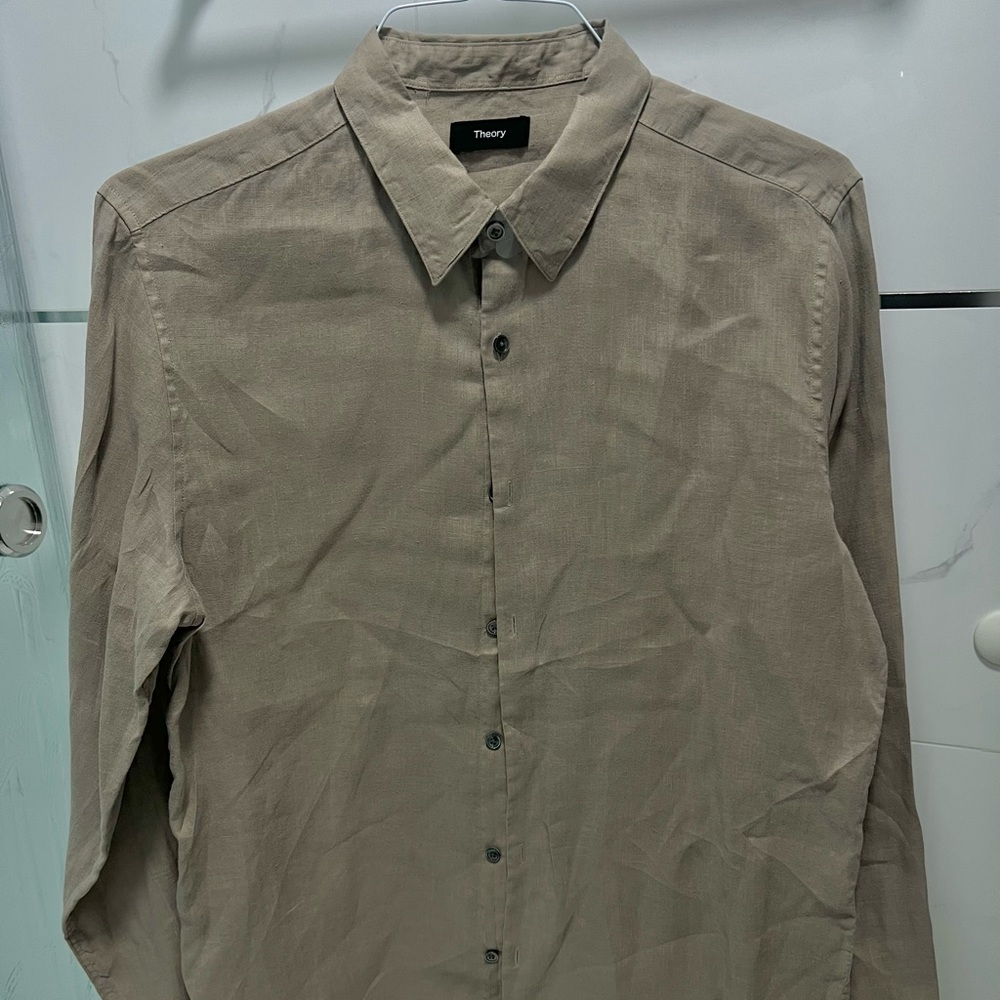 Theory Mens Linen Button Down Shirt Large Taupe Beige